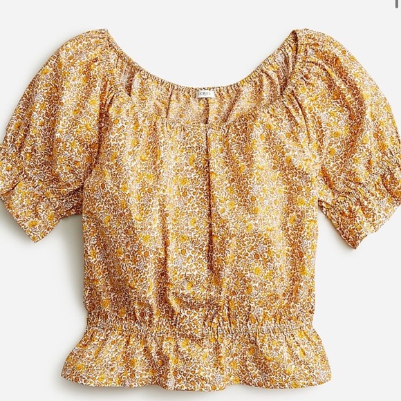 J Crew Top Woman Large Yellow Floral Gathered Scoopneck Scattered Blooms Peasant - Picture 2 of 12